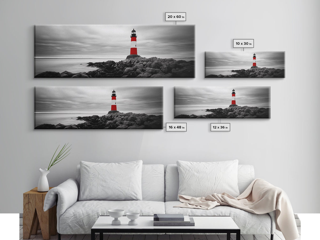 Lighthouse Coastline, Red Beacon, Stormy Sea, Black and White Landscape, Framed Canvas Print, Nautical Decor, Office Wall Art, Modern Style