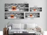 Tranquil Lotus, Zen Water, Orange Glow, Reflective Serenity, Framed Canvas Print, Bedroom Wall Art, Spa Decor, Boho Style, Meditation Vibe