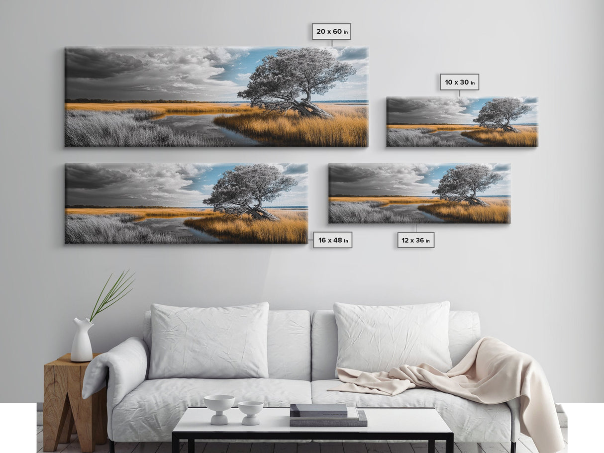 Autumn Marsh, Windswept Tree, Golden Grass, Storm Sky, Framed Canvas Print, Fall Wall Art, Living Room Decor, Rustic Landscape