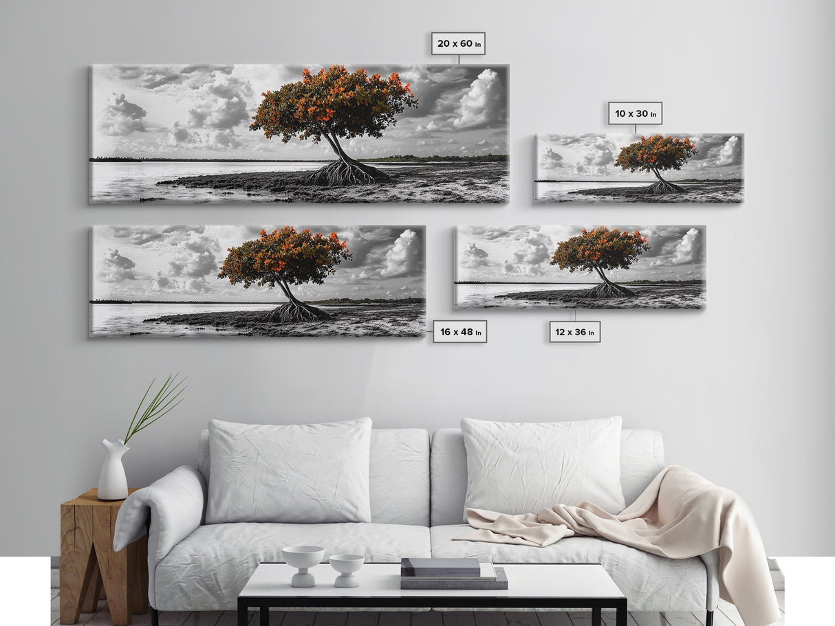 Mangrove Tree, Coastal Roots, Windswept Shore, Stormy Sky, Framed Canvas Print, Entryway Wall Art, Tropical Nature Art, Minimalist Style