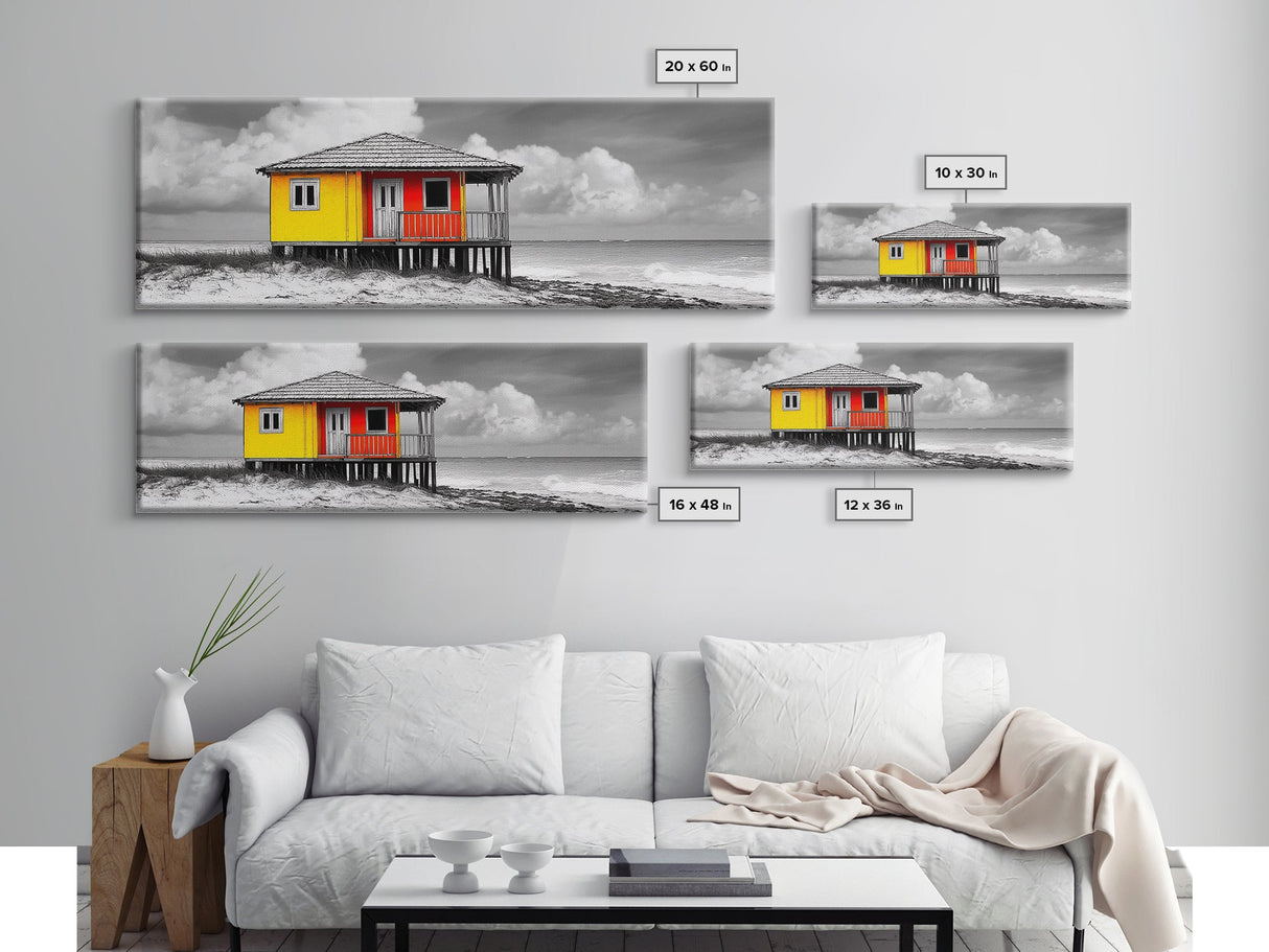 Yellow Cabin, Seaside Shack, Color Pop, Coastal Vibes, Framed Canvas Print, Beach House Wall Art, Bold Nautical Decoretic