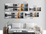Surreal Reflection, Tree Silhouettes, Split Sky, Framed Canvas Print, trippy landscape art, black and white dreamy wall decor