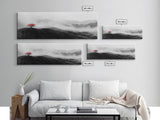 Lone Red Tree, Misty Hills, Minimalist Landscape, Framed Canvas Print, serene bedroom wall art, abstract black and white decor