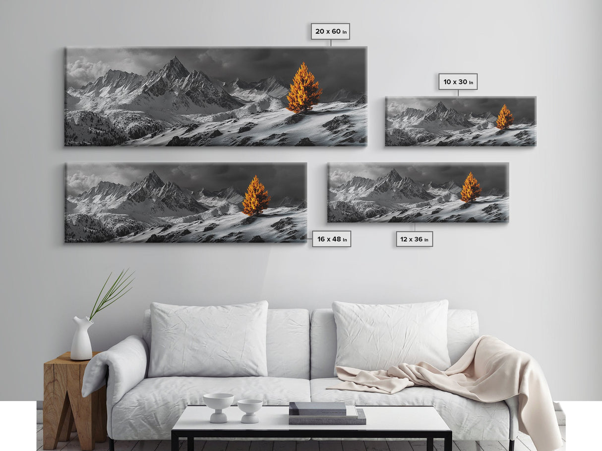 Lone Golden Tree, Snowy Mountains, Dramatic Sky, Canvas Print, Winter Wall Art, Moody Landscape, Minimalist Home Decor