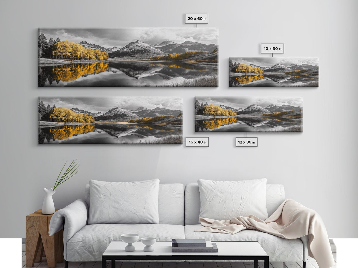 Yellow Autumn Forest, Lake Reflection, Black White Mountains, Canvas Print, Rustic Wall Art, Living Room Nature Scene