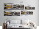 Yellow Autumn Forest, Lake Reflection, Black White Mountains, Canvas Print, Rustic Wall Art, Living Room Nature Scene