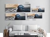 Ocean Wave Split, Sunrise Sea, Blue Tidal Wave, Framed Canvas Print, Nautical Wall Art, Coastal Decor, Bathroom Seascape