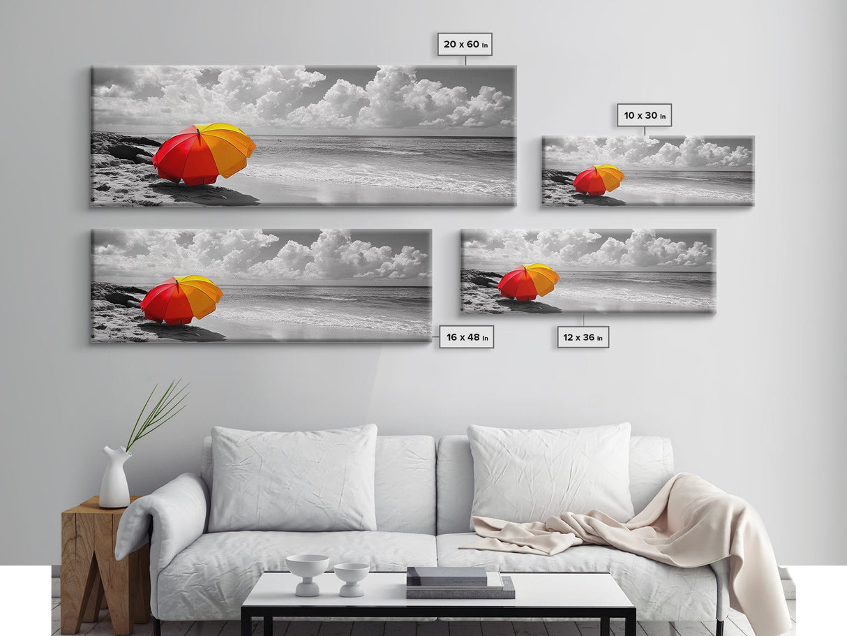 Red Yellow Umbrella, Beach Art, Summer Decor, Modern Coastal Print, Framed Canvas Print, Minimalist Wall Art, Bathroom or Hallway Decor