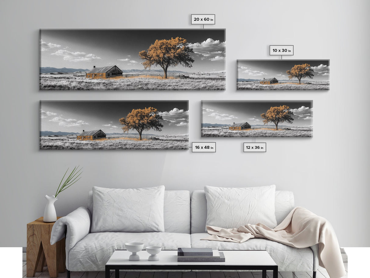 Prairie Cabin, Golden Tree, Rural Landscape, Open Sky, Framed Canvas Print, Country Decor, Farmhouse Wall Art, Rustic Bedroom Style