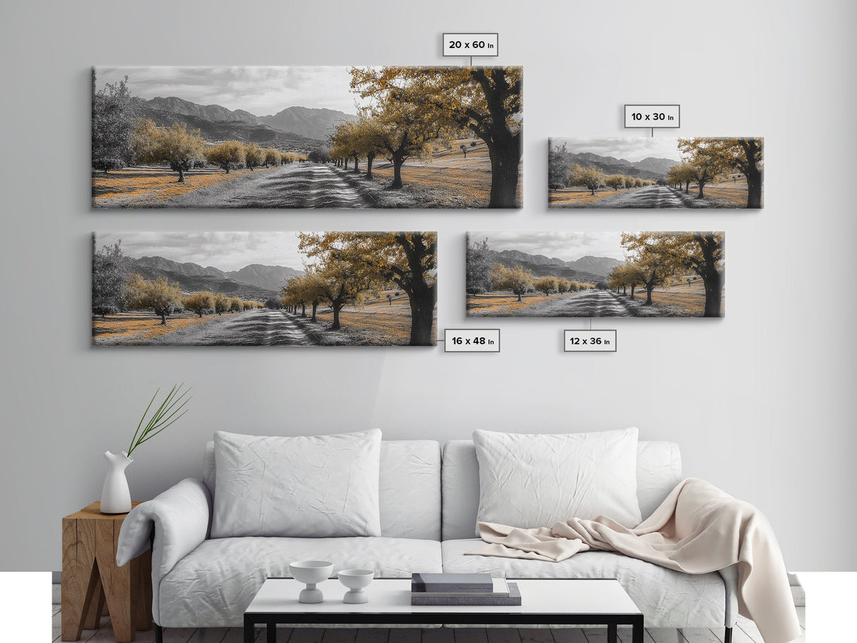 Autumn Orchard, Tree Tunnel, Mountain Path, Golden Fields, Framed Canvas Print, Fall Landscape Art, Rustic Farmhouse Decor, Dining Room Wall Art