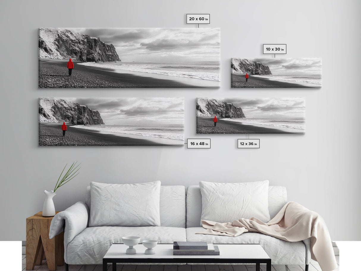 Red Jacket Wanderer, Moody Coastal Cliff Scene, Monochrome Photography, Framed Canvas Print, Modern Minimalist Office Wall Art