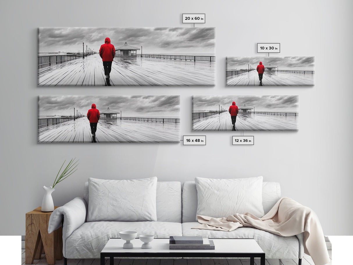 Red Jacket Walk, Rainy Boardwalk Scene, Urban Solitude, Moody Landscape Photography, Canvas Print, Entryway Wall Art, Minimalist Decor