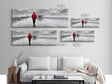 Red Jacket Walk, Rainy Boardwalk Scene, Urban Solitude, Moody Landscape Photography, Canvas Print, Entryway Wall Art, Minimalist Decor