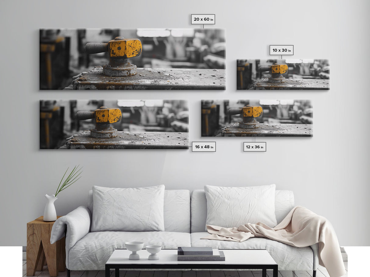 Yellow Metal Lever, Industrial Machine Detail, Workshop Photography, Gritty Rustic Vibe, Canvas Print, Garage Wall Art, Urban Loft Decor