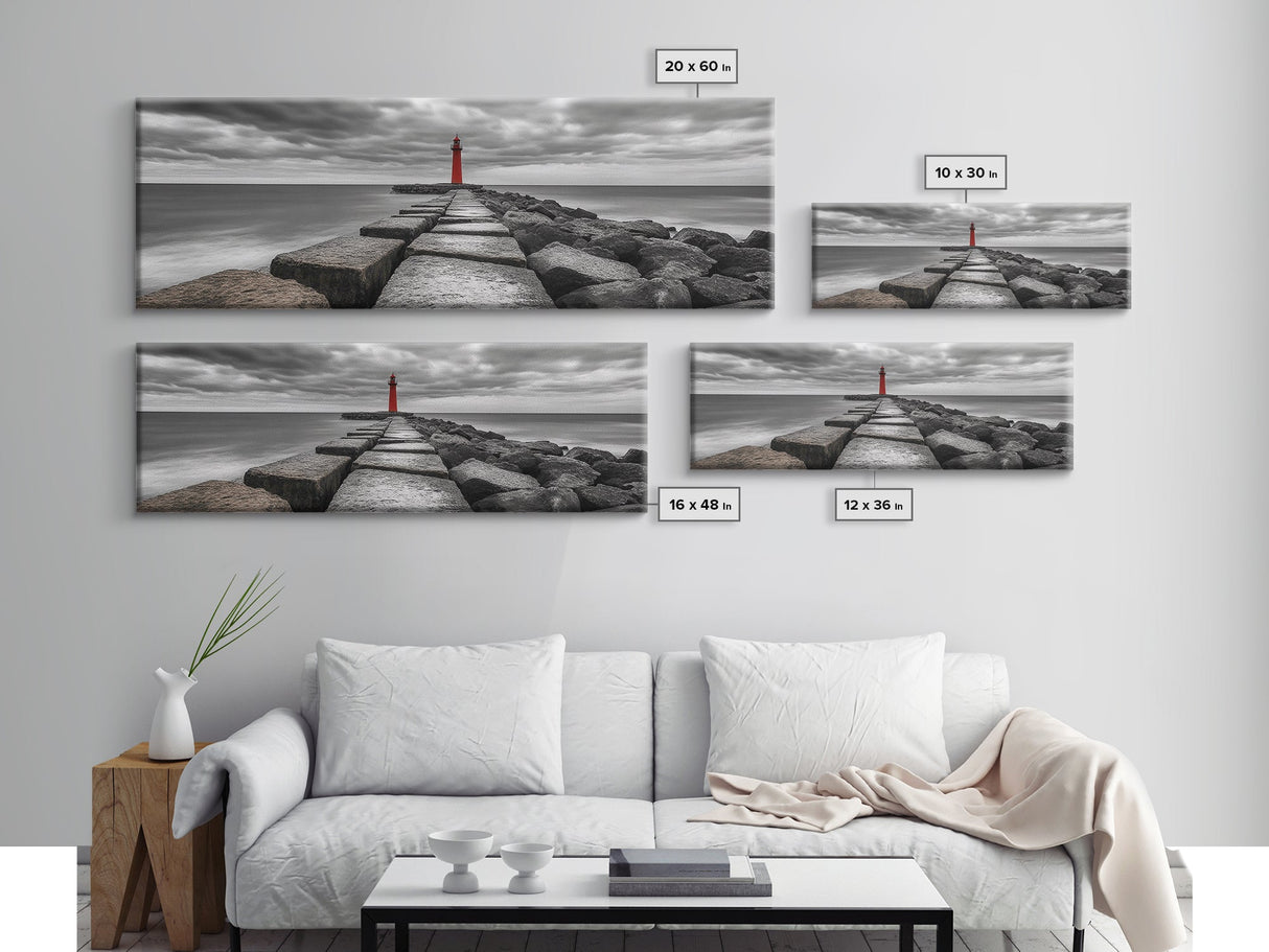 Red Lighthouse Coast, Seaside Rock Jetty, Stormy Sky Mood, Nautical Beacon View, Canvas Print, Bathroom Wall Art, Coastal Modern Decor