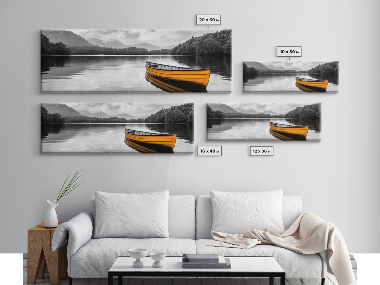Golden Canoe, Lake Reflection, Tranquil Water, Adventure Scene, Canvas Print, Minimalist Wall Art, Bedroom Landscape, Cabin Decor