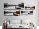 Golden Canoe, Lake Reflection, Tranquil Water, Adventure Scene, Canvas Print, Minimalist Wall Art, Bedroom Landscape, Cabin Decor