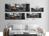 Forest Firepit, Picnic Spot, Smoky Trees, Nature Flame, Canvas Print, Fall Wall Art, Camping Cabin Decor, Rustic Outdoor Style