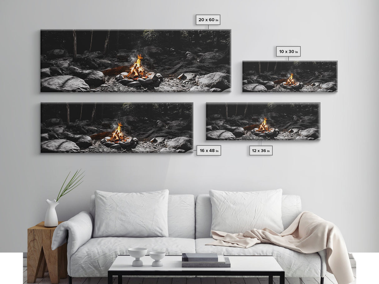 Stone Circle, Night Fire, Forest Blaze, Cozy Gathering, Canvas Print, Wilderness Wall Art, Fall Camping Decor, Rustic Cabin Style