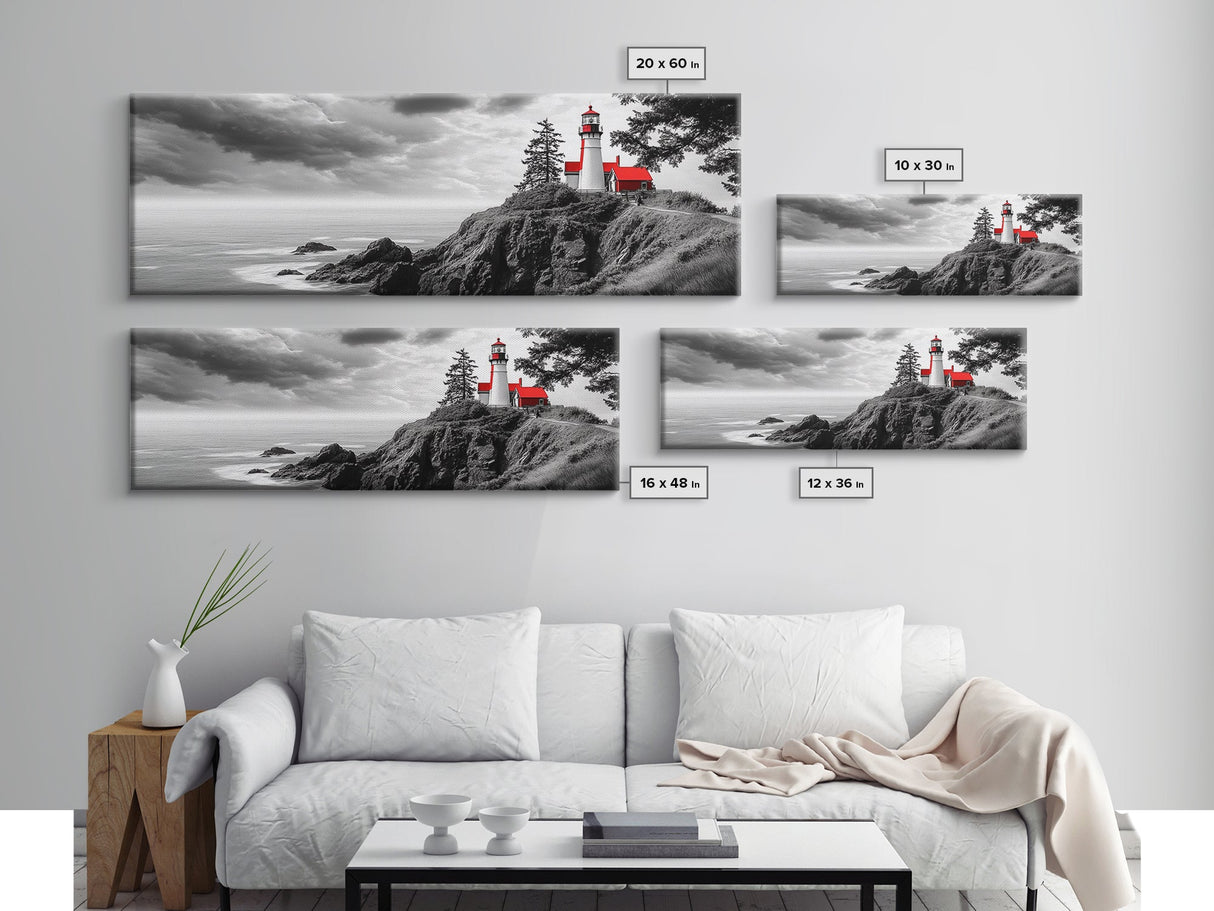 Coastal Lighthouse, Ocean Cliffs, Red Roof, Nautical Beacon, Framed Canvas Print, Bathroom Wall Art, Minimalist Coastal Decor, Seaside Vibe