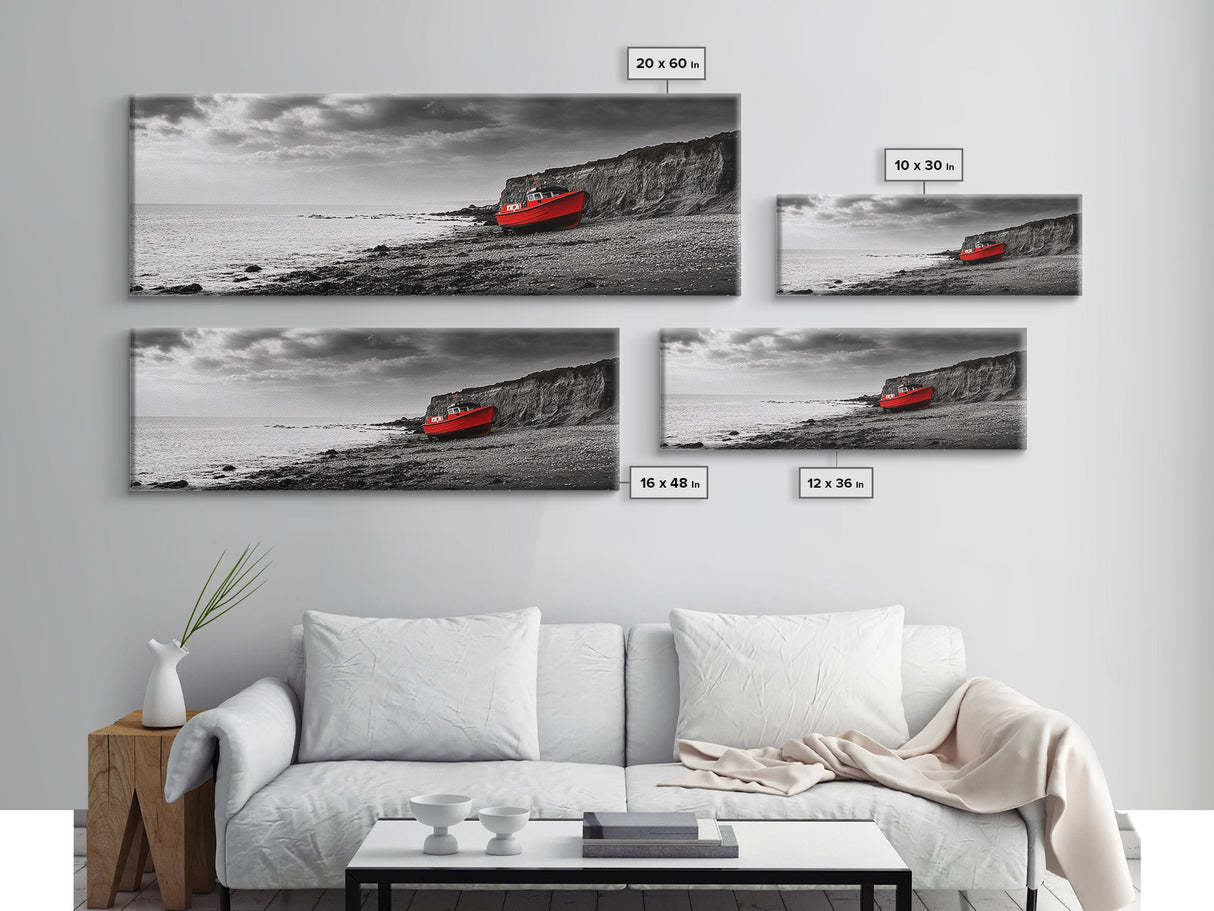 Red Boat, Rocky Shore, Dramatic Sky, Abandoned Vessel, Framed Canvas Print, Nautical Living Room Art, Moody Coastal Home Decor