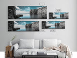 Serene Cove, Cliff Reflections, Blue Water, Coastal Escape, Framed Canvas Print, Tranquil Ocean Art, Bathroom or Spa Wall Decor