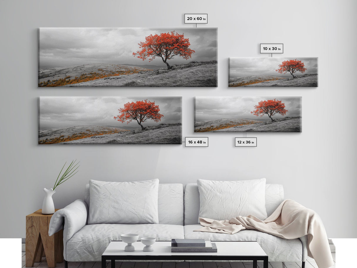 Red Tree, Hilltop Vista, Fall Landscape, Vibrant Nature, Framed Canvas Print, Autumn Wall Art, Living Room Nature Photography