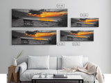 Sunset Beach Bench, Serene Coastal Scene, Solitude View, Framed Canvas Print, Minimalist Wall Art, Living Room, Relaxing Home Decor