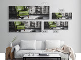 Green Leather Chair, Industrial Urban Scene, Chic Lounge Interior, Framed Canvas Print, Modern Wall Art, Man Cave Office Decor