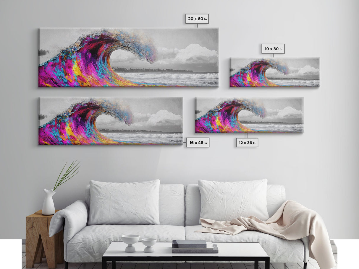 Rainbow Wave Curl, Surf Art Explosion, Vibrant Ocean Energy, Framed Canvas Print, Beach House Decor, Colorful Coastal Wall Art