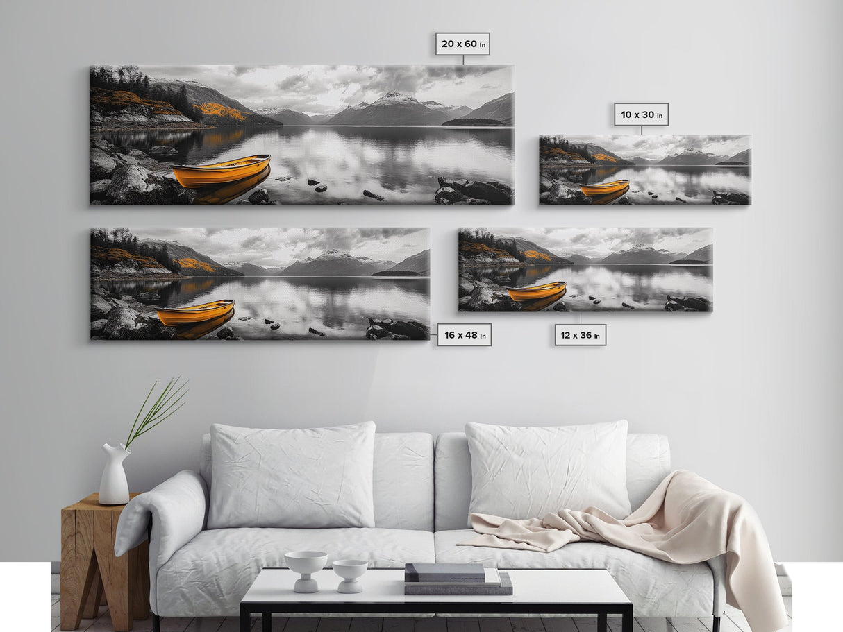 Golden Rowboat Reflections, Lake Mountain Art, Scenic Boat Landscape, Framed Canvas Print, Coastal Wall Art, Fall Living Room Decor