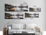 Golden Rowboat Reflections, Lake Mountain Art, Scenic Boat Landscape, Framed Canvas Print, Coastal Wall Art, Fall Living Room Decor