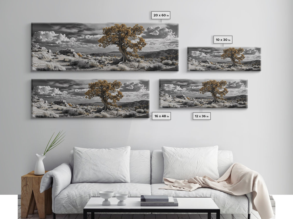 Twisted Desert Tree, Rocky Canyon Art, Dramatic Sky Nature Scene, Framed Canvas Print, Rustic Wall Decor, Moody Western Home Aesthetic