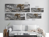 Twisted Desert Tree, Rocky Canyon Art, Dramatic Sky Nature Scene, Framed Canvas Print, Rustic Wall Decor, Moody Western Home Aesthetic
