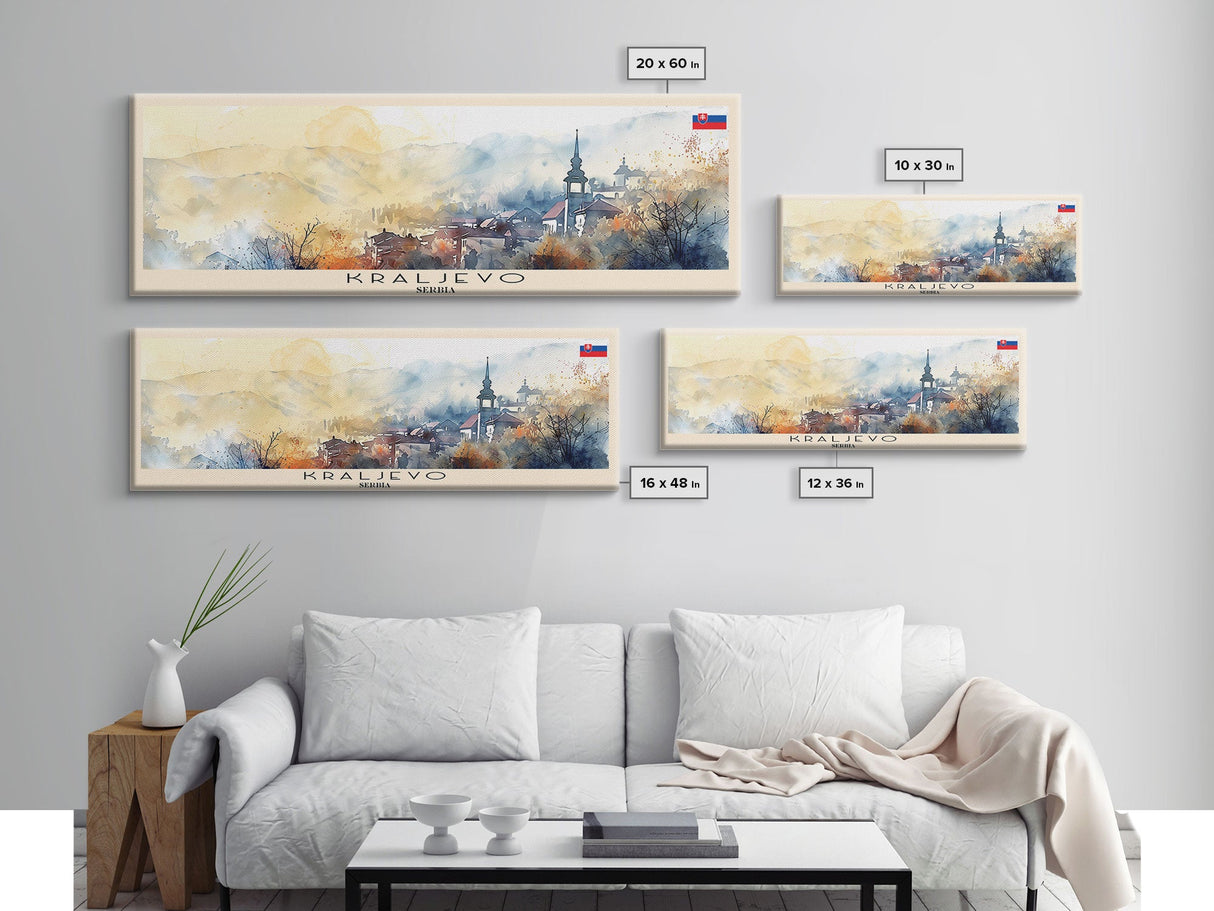 Kraljevo Serbia Panoramic Travel Poster, Framed Canvas Print or Metal Wall Art, Travel Art, Home Decor, Panoramic Painting, Midcentury Art