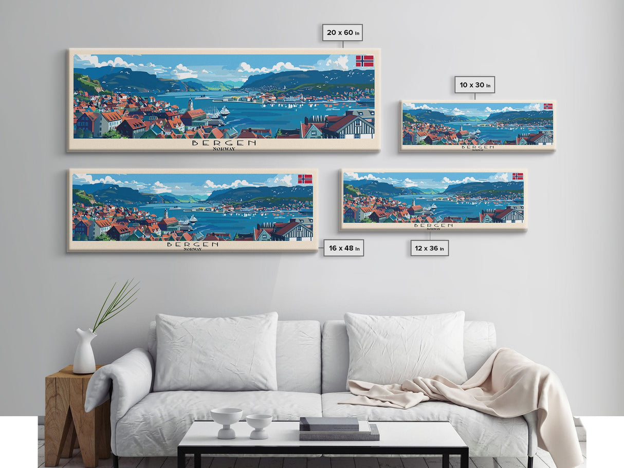 Bergen Norway Wall Art, Panoramic Travel Poster, Panoramic Framed Canvas Print, City Wall Art, Wall Hanging Home Decor, Travel Art