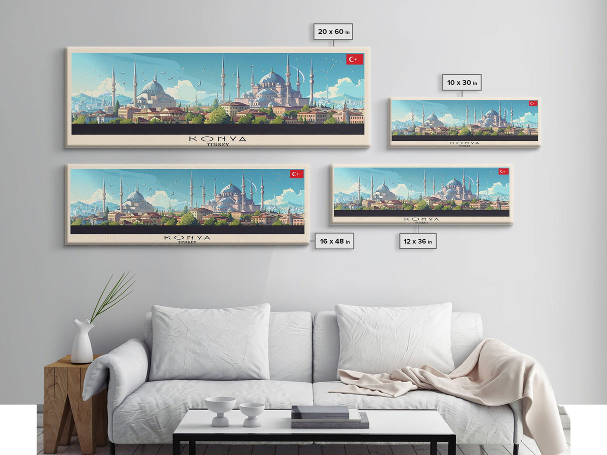 Konya Turkey Panoramic Travel Poster, Framed Canvas Print or Metal Wall Art, Travel Art, Home Decor, Panoramic Painting, Midcentury Art
