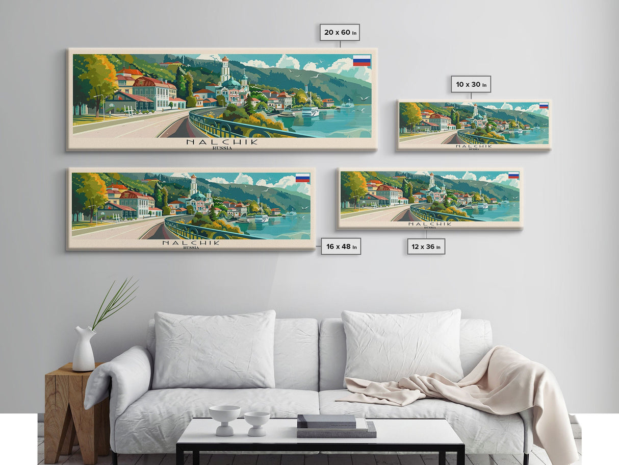 Nalchik Russia Panoramic Travel Poster, Framed Canvas Print or Metal Wall Art, Travel Art, Home Decor, Panoramic Painting, Midcentury Art