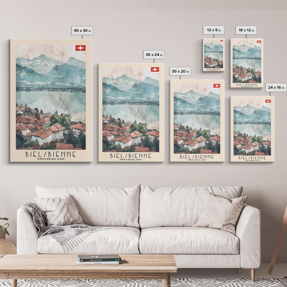 Biel/Bienne Switzerland Travel Poster Framed Canvas Print, Watercolor Painting, Wall Art, Home Decor, Scenic Travel Print