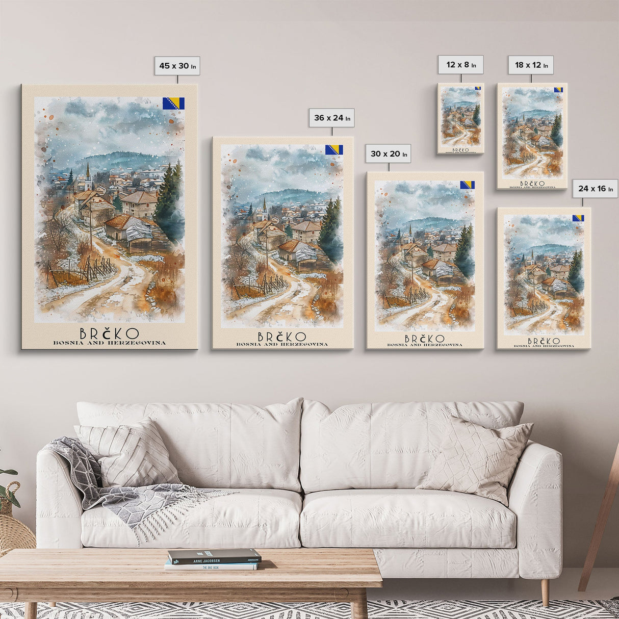 Brčko Bosnia Travel Poster Framed Canvas Print, Cityscape Art, Wall Decor, Travel Print, Watercolor Painting, Urban Scene Art