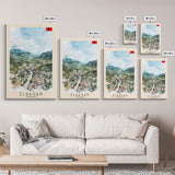 Elbasan, Albania Framed Canvas Print. Mountain Charm Wall Art for Living Room or Bedroom, Scenic Travel Poster Decor.