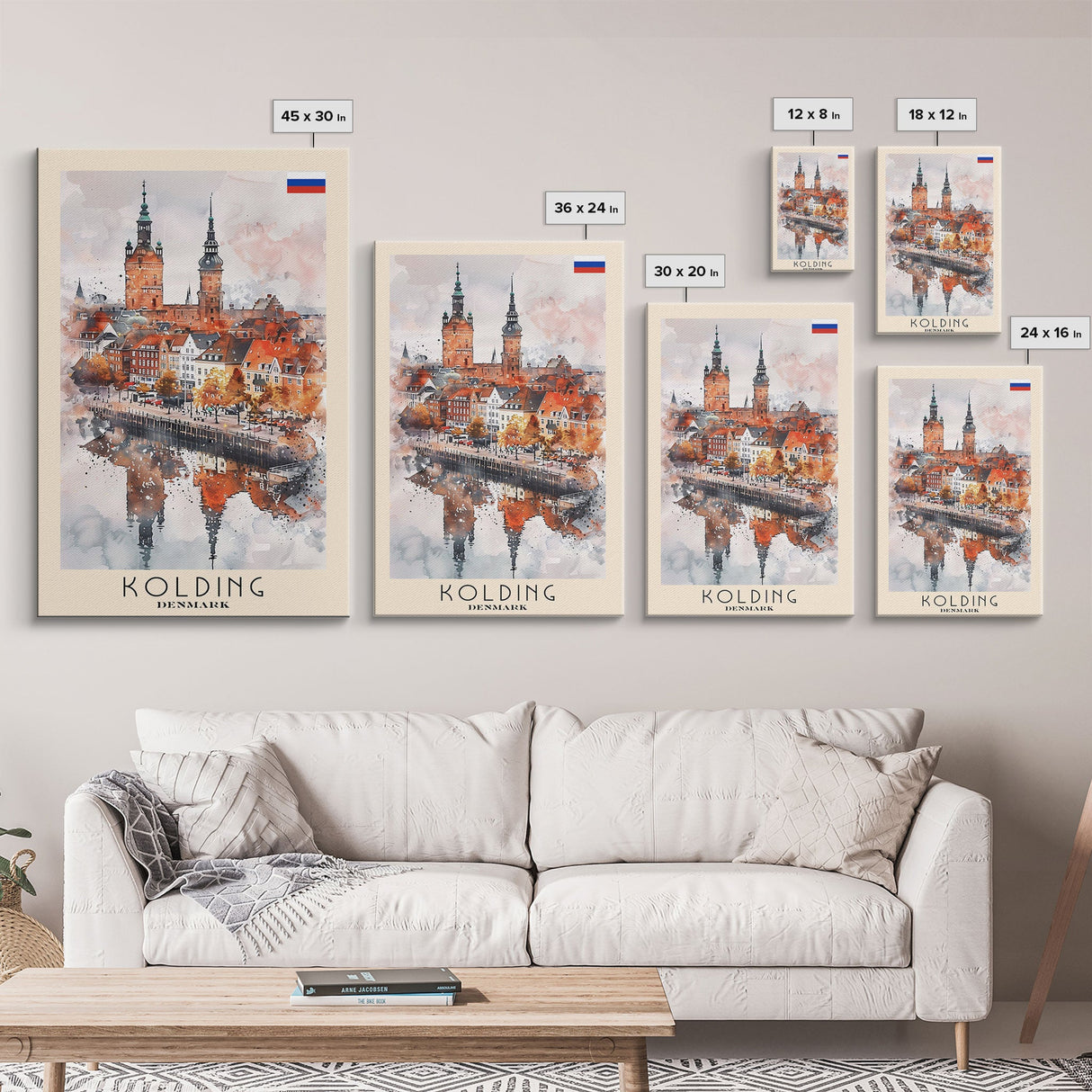 Kolding Denmark Waterfront View, Framed Canvas Print, Travel Poster, Wall Art, Kitchen Decor, Danish Urban Painting, Waterfront Scenery