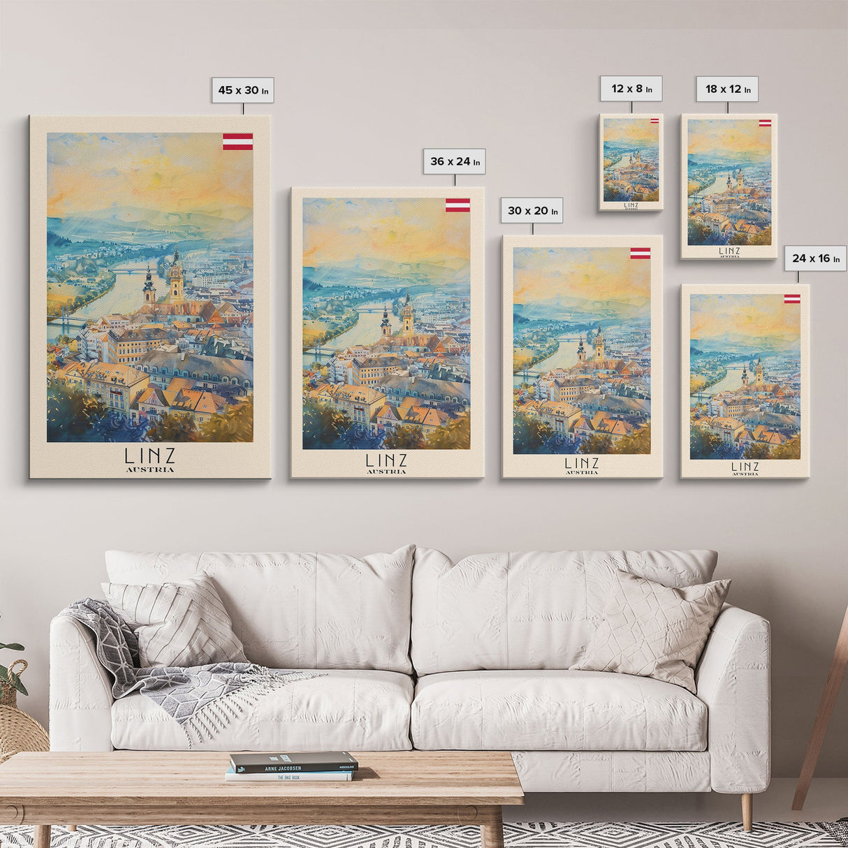 Linz Austria Travel Poster Framed Canvas Print, Scenic Landscape, Watercolor Painting, Wall Art, Home Decoration, Travel Print, Artistic Gift