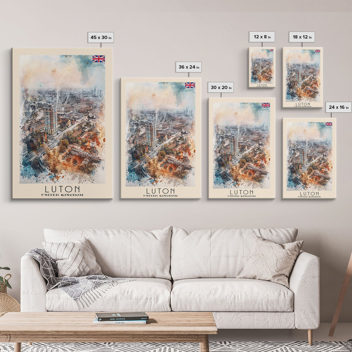 Luton United Kingdom Travel Poster Framed Canvas Print, Vibrant Cityscape, Urban Art, Wall Decor, Interior Design, Travel Print, Unique Art