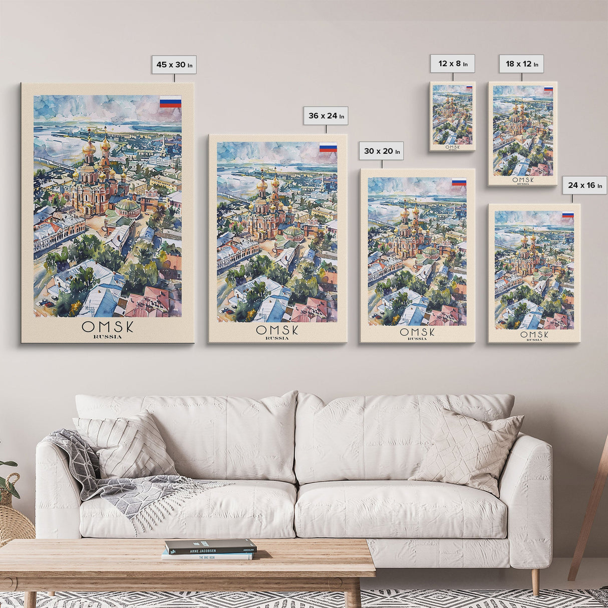 Omsk Russia Travel Poster Framed Canvas Print, Watercolor Painting, Urban Wall Art, Home Decor, Russian Cityscape, Modern Art