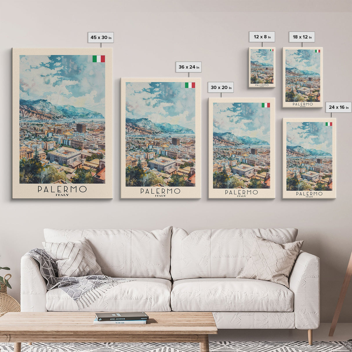 Palermo Italy Travel Poster Framed Canvas Print, Watercolor Painting, Coastal Wall Art, Home Decor, Italian Seaside, Vibrant Art