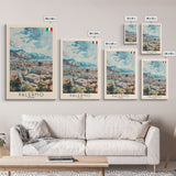 Palermo Italy Travel Poster Framed Canvas Print, Watercolor Painting, Coastal Wall Art, Home Decor, Italian Seaside, Vibrant Art