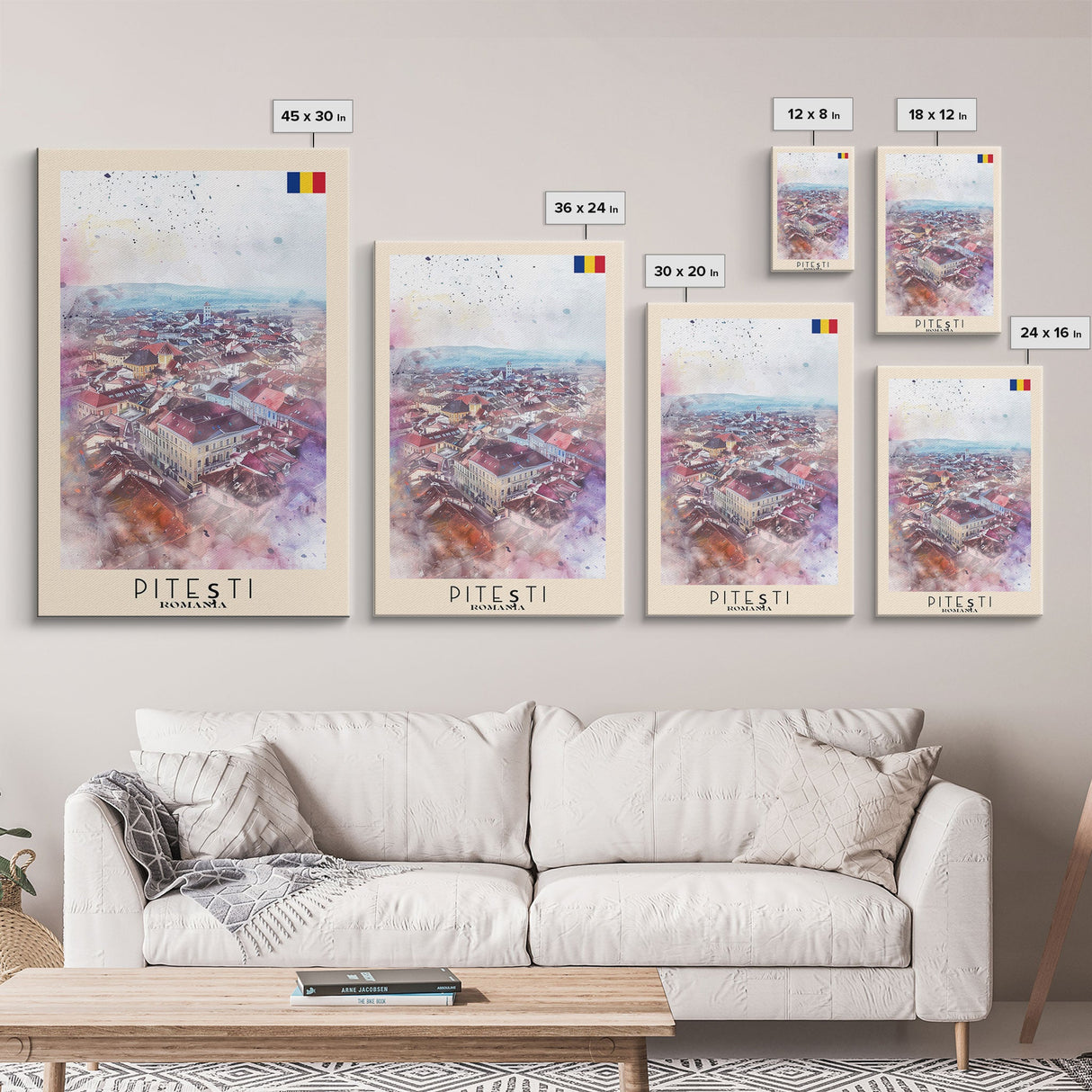 Piteti Romania Travel Poster Framed Canvas Print, Watercolor Painting, Scenic Wall Art, Home Decor, Romanian Cityscape, Classic Art