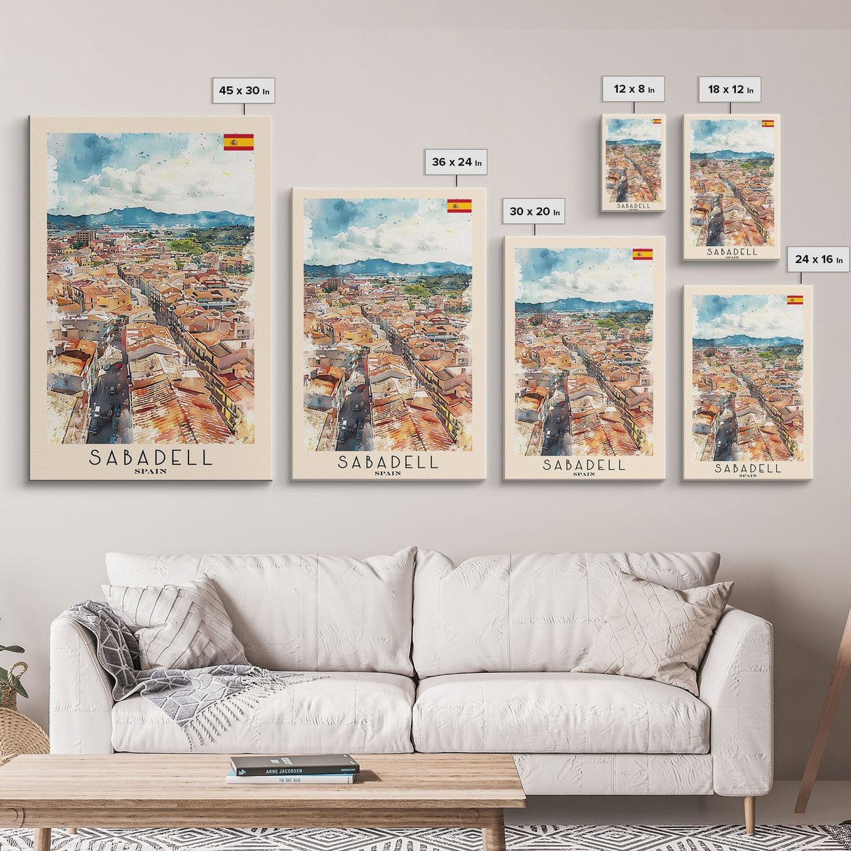 Sabadell Spain Travel Poster Framed Canvas Print, Watercolor Painting, Scenic Wall Art, Home Decor, Spanish Landscape, Artistic Art