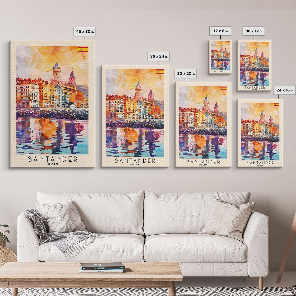 Santander Spain Travel Poster Framed Canvas Print, Watercolor Painting, Coastal Wall Art, Home Decor, Spanish Seaside, Vibrant Art